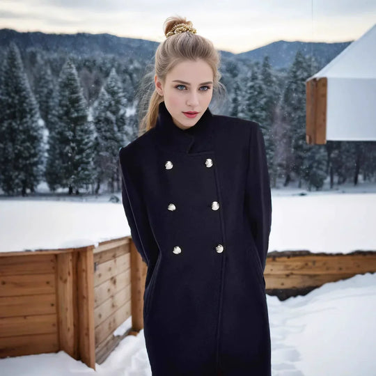 Angela Wollen Jas met Dubbele Knopen en Hoge Kraag