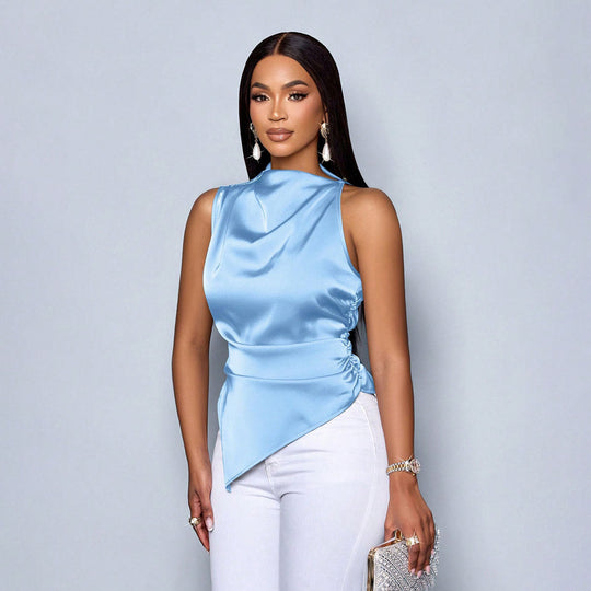 Linda Chique Damesblouse Zonder Mouwen met Hoge Hals & Asymmetrische Zoom