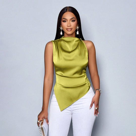 Linda Chique Damesblouse Zonder Mouwen met Hoge Hals & Asymmetrische Zoom